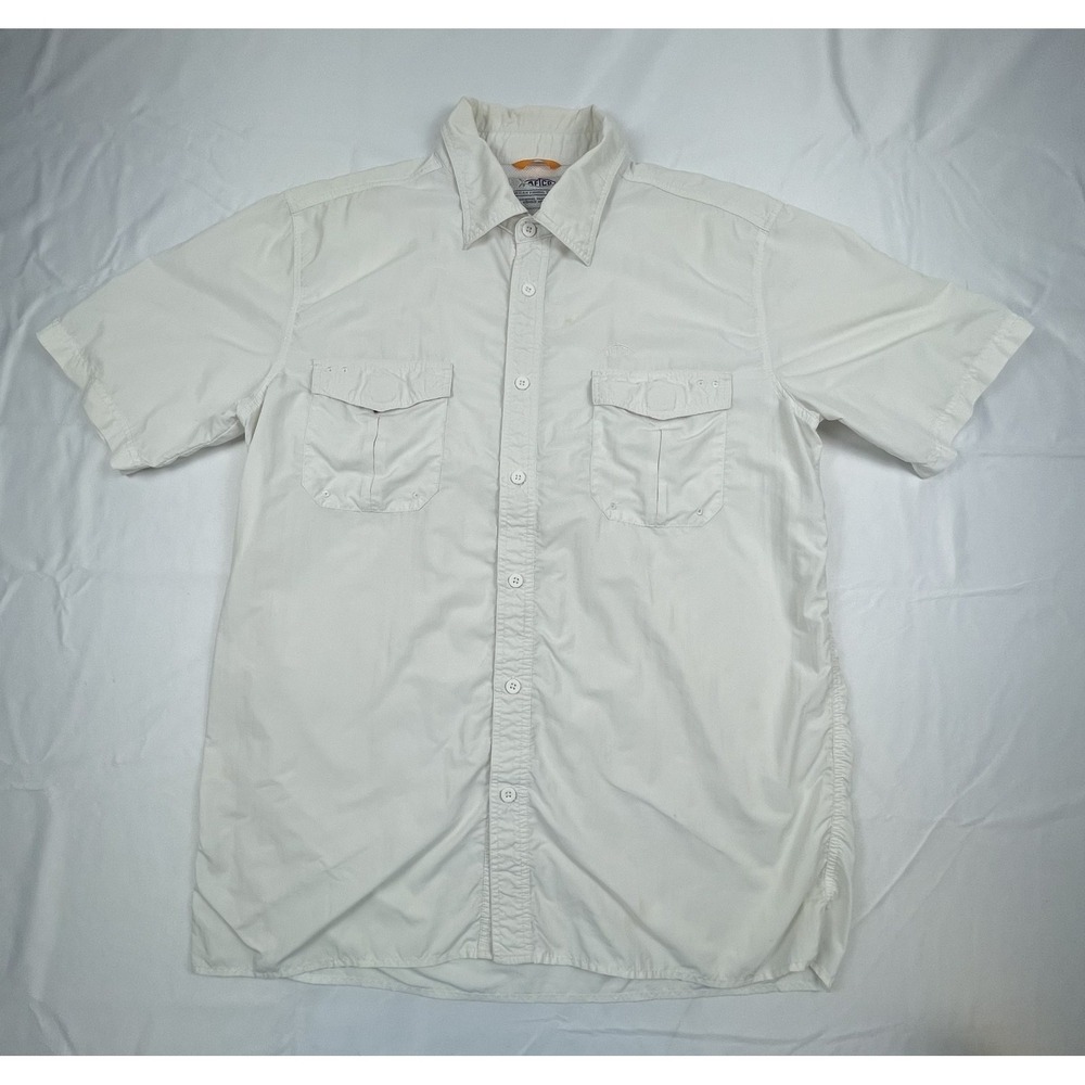 AFTCO MENS FISHING SHIRT WHITE SHORT SLEEVE BUTTON FRONT VENTED POCKETS SIZE XL‎